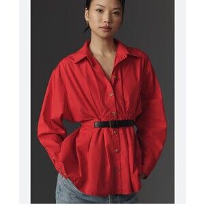 New Anthropologie Women's Sz-8 Belted Button Down Shirt 100% Cotton Red